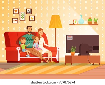Lifestyle of modern family. Mother, father and children watching tv. Family father mother and children watch tv. Vector illustration