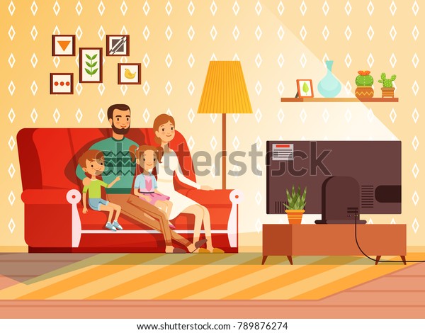 現代の家庭のライフスタイル お母さんとお父さんと子供たちがテレビを見てる 家族の父親と子どもたちはテレビを見る ベクターイラスト のベクター画像素材 ロイヤリティフリー