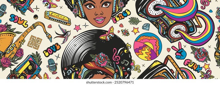 Estilo de vida musical de fundo. Disco, funk e soul music. Moda hippie menina, tipo de áudio e arco-íris boom box. Arte da velha escola. Padrão perfeito. Mulher afro-americana funky