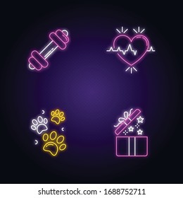 Lifestyle neon light icons set. Gym workout. Dumbbell for exercise. Heart rate. Cardio healthcare. Pet paw prints. Open gift. Signs with outer glowing effect. Vector isolated RGB color illustrationss