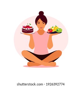 Lifestyle and nutrition concept. Woman choosing between healthy meal and unhealthy food. Vector illustration. Flat.