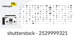 Lifestyle objects outline illustrations mega bundle. Residential furnishings accessories. Vehicles cars. 90s retro-styled items 2D linear images isolated. Collection black and white vector drawings