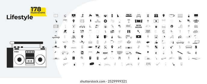 Lifestyle objects outline illustrations mega bundle. Residential furnishings accessories. Vehicles cars. 90s retro-styled items 2D linear images isolated. Collection black and white vector drawings