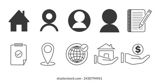  Lifestyle, Online, Web, Name, Location, Home, Notebook, Money thin icon or symbol set Vector