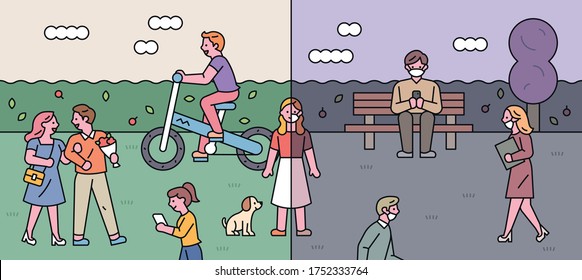 Lifestyle opposite to corona virus. Enjoy park walks on one side and social distances on the other. flat design style minimal vector illustration.