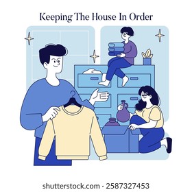 Lifestyle organization and home management are illustrated through a scene of individuals tidying their living space. The characters engage in different activities like sorting clothes, arranging