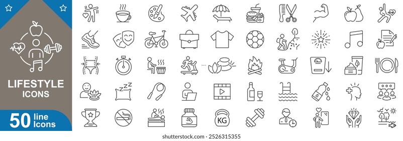 Lifestyle outline icons set. Fitness, travel, wellness, fashion, self-care, mindfulness, adventure, healthy eating and more. vector illustrator.