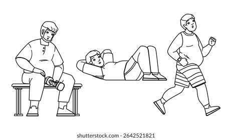lifestyle overweight man fitness vector. health exercise, fat male, healthy diet lifestyle overweight man fitness character. people black line pencil drawing illustration