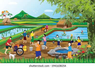 lifestyle of people at countryside  vector design,countryside girl harvest water from pond underground