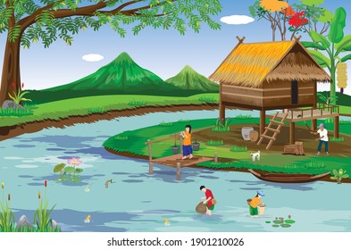 lifestyle of people at countryside vector design,rice field