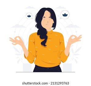 Lifestyle, people emotions, Relaxed and patient smiling young woman with closed eyes meditating to calm down, do breathing exercises with hands in zen gesture concept illustration