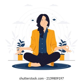 Lifestyle, people emotions, Relaxed and patient smiling young woman with closed eyes meditating to calm down, do breathing exercises with hands in zen gesture concept illustration