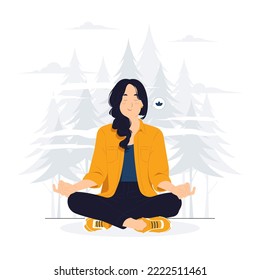 Lifestyle, Menschen Emotionen, entspannte und geduldige lächelnde junge Frau mit geschlossenen Augen meditieren, um sich zu beruhigen, Atemübungen mit Händen in Zen-Gesture-Concept-Illustration