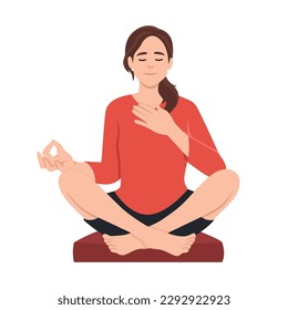 Lifestyle, people emotions, Relaxed and patient smiling young woman with closed eyes meditating to calm down, do breathing exercises with hand on chest. Flat vector illustration isolated o