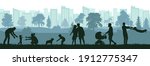Lifestyle of people, silhouette of happy family, man, woman and child. First steps baby, birth of child, love, happiness. Vector illustration.