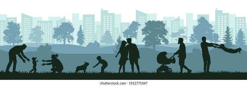 Lifestyle of people, silhouette of happy family, man, woman and child. First steps baby, birth of child, love, happiness. Vector illustration.