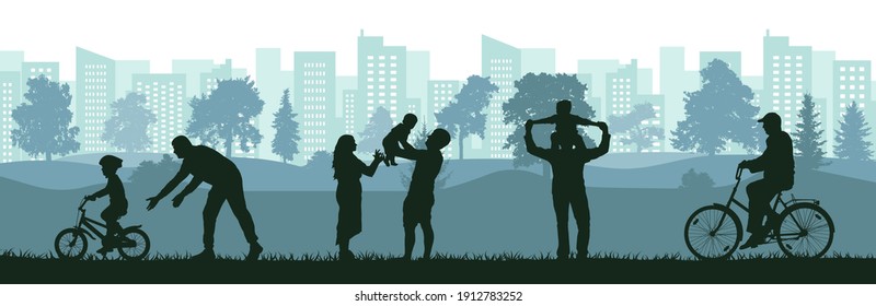 Lifestyle of people, silhouette of happy family, man, woman and child, old man. Learning child to ride bicycle by father, active sport life of elderly man, birth baby on family. Vector illustration.