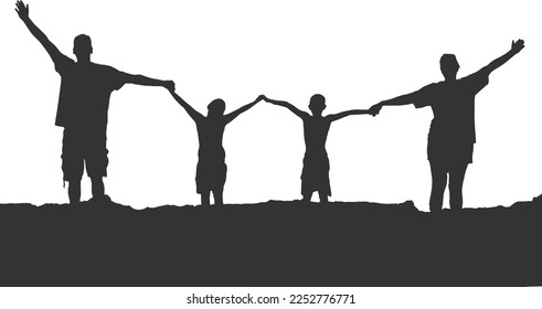 Lifestyle of people, silhouette of happy family, man, woman and child, old man. Learning child to ride bicycle by father, active sport life of elderly man, birth baby on family. Vector 