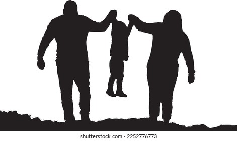 Lifestyle of people, silhouette of happy family, man, woman and child, old man. Learning child to ride bicycle by father, active sport life of elderly man, birth baby on family. Vector 