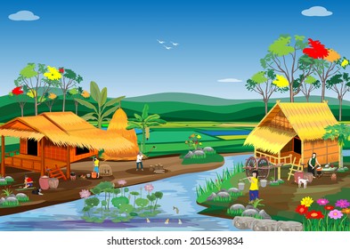 lifestyle of people at two sides of the canal  vector design