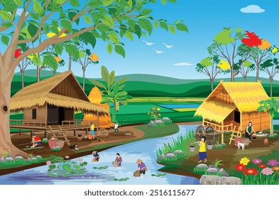 lifestyle of people at two sides of the canal  vector design