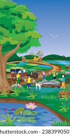 lifestyle of people young girl at countryside harvest water from soil pond vector design