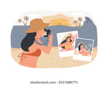 Fotógrafo de estilo de vida ilustrações isoladas do vetor de desenhos animados. O blogueiro tira fotos com uma câmera sobre suas férias de verão, seu blog de estilo de vida, feriados profissionais, photoshoot vetorial cartoon.