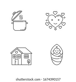 Lifestyle pixel perfect linear icons set. Cooking pot. Affectionate love. Housekeeping, family care. Customizable thin line contour symbols. Isolated vector outline illustrations. Editable strokes