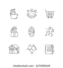 Lifestyle pixel perfect linear icons set. Cooking recipe. Loving heart. Online purchase. Music sound. Customizable thin line contour symbols. Isolated vector outline illustrations. Editable strokes