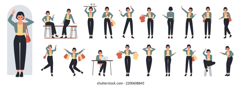 Lifestyle and poses of young girl set vector illustration. Cartoon brunette with short haircut sitting on bar chair, holding cocktails and clothes hanger, shopaholic lady on shopping isolated on white