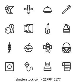 Lifestyle And Recreation Line Icons Set, Outline Vector Symbol Collection, Linear Style Pictogram Pack. Signs, Logo Illustration. Set Includes Icons As Travel, Music Play, Bowling, Healthy Diet Food