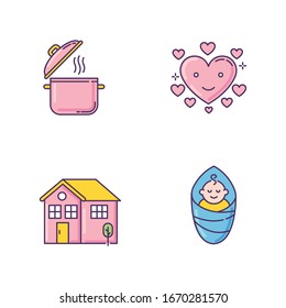 Lifestyle RGB color icons set. Cooking pot. Food recipe. Saucepan with steam. Affectionate love. Baby son. Infant in diper. Pink home. Housekeeping, family care. Isolated vector illustrations