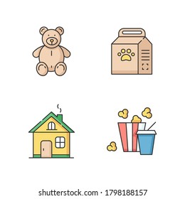 Lifestyle RGB color icons set. Stuffed toy for children. Plush bear for kids. Home improvement. Pet care product. Cat food in bag. Popcorn and drink for cinema. Isolated vector illustrations