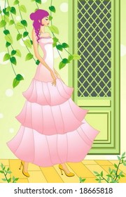 Lifestyle of Romantic People - relaxed standing pose for the camera with an attractive and chic young female on a background of white dot & green check patterns with antique wall : vector illustration