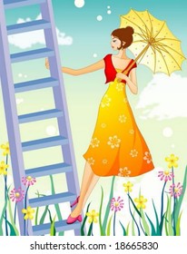 Lifestyle of Romantic People - relaxed standing pose for the camera with an attractive and chic young female on a background of circle and clouds patterns with a bright blue sky : vector illustration