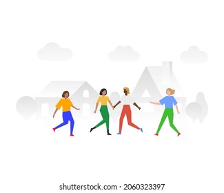Lifestyle scene - four girls walking down the street to meet each other. Friends, neighbors in colorful clothes are happy to see each other. Modern vector illustration in trendy style