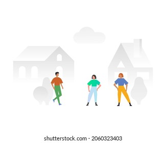 Lifestyle scene - guy and two girls met on the street. Friends, neighbors, relatives talking outdoors, isolated on a white background. Vector minimalist flat illustration.