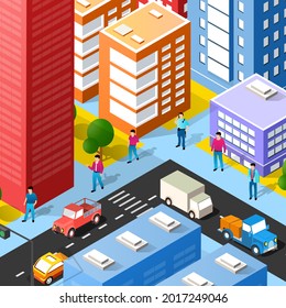 Lifestyle scene urban Isometric 3D illustration of a city block with houses, streets, people, cars. Illustration for the design and games industry.