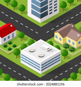 Lifestyle scene urban Isometric 3D illustration of a city block with houses, streets, people, cars. Illustration for the design and games industry.