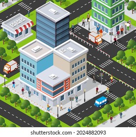 Lifestyle scene urban Isometric 3D illustration of a city block with houses, streets, people, cars. Illustration for the design and games industry.