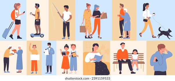 Lifestyle scenes of education and leisure for adults and kids, geometric mosaic color pattern vector illustration. Cartoon minimalist square frames with male and female characters in horizontal banner