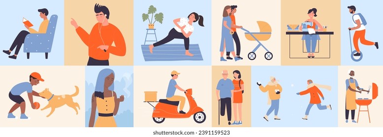 Lifestyle scenes with young or old people, geometric mosaic color pattern vector illustration. Cartoon characters walk with dog, family or friends, listen to music and read, yoga workout at home
