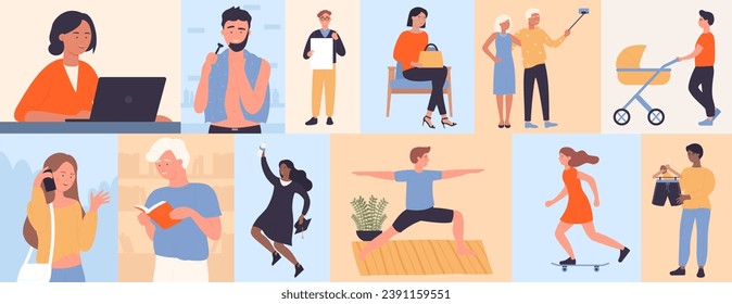 Lifestyle scenes of young or old people, geometric mosaic pattern vector illustration. Cartoon male female characters work with laptop, talk on phone, waiting or walking and taking selfies with family