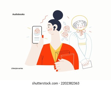 Lifestyle Series - Audiobooks - Modern Flat Vector Illustration Of A Woman Listening An Audiobook With Buds In The Tablet Application And A Victorian Era Literary Character. People Activities Concept