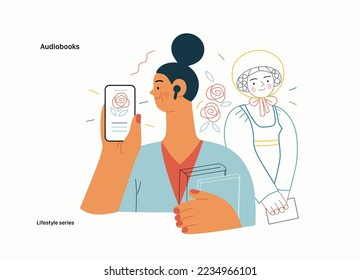 Lifestyle series - Audiobooks - modern flat vector illustration of a woman listening an audiobook with buds in the tablet application and a Victorian Era literary character. People activities concept