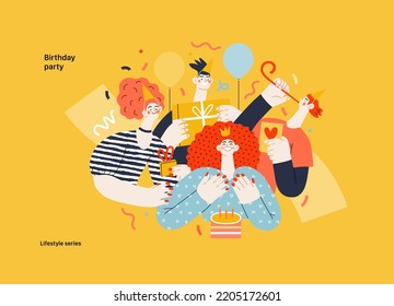 Lifestyle series - Birthday party - modern flat vector illustration of men and women celebrating birthday, giving presents. People activities concept