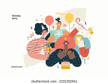 Serie de estilo de vida - Fiesta de cumpleaños - moderna ilustración vectorial plana de hombres y mujeres celebrando cumpleaños, dando regalos. Concepto de actividades de las personas