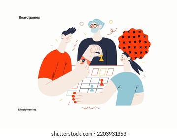 Lifestyle series - Board games - modern flat vector illustration of people playing a board card game with a dice. People activities concept