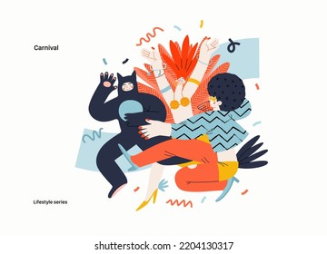 Serie de estilo de vida - Carnaval - moderna ilustración vectorial plana de personas enmascaradas bailando juntas, participando en la procesión del carnaval de disfraces. Concepto de actividades de las personas