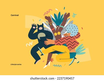 Lifestyle series - Carnival - modern flat vector illustration of masked people dancing together, taking part in the costume carnival procession. People activities concept